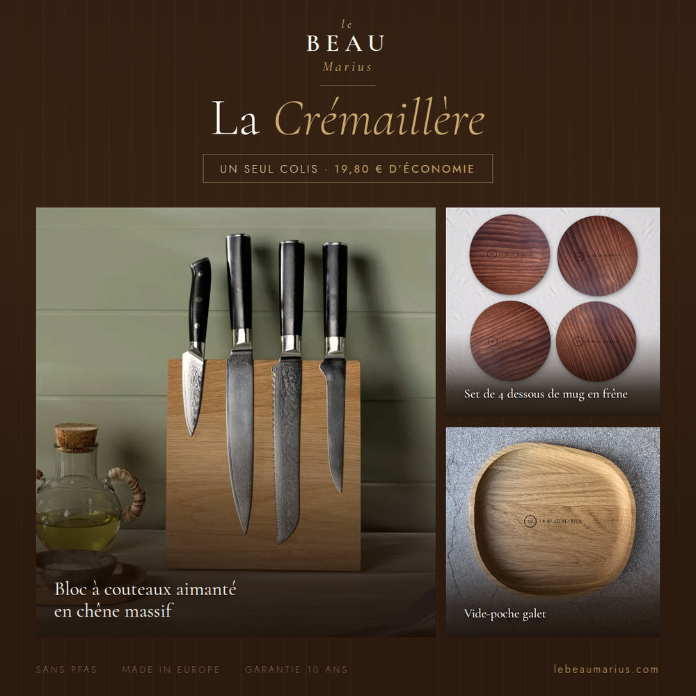 Coffret La Crémaillère Le Beau Marius : bloc à couteaux en chêne massif, set de 4 dessous de mug en frêne thermotraité et vide-poche galet