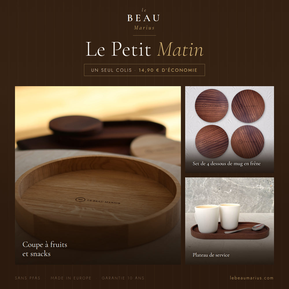 Coffret Le Petit Matin Le Beau Marius : coupe à fruits en chêne massif, set de 4 dessous de mug en frêne thermotraité et plateau de service