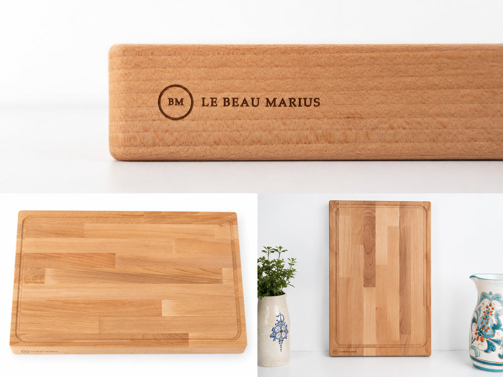 Planche en hêtre massif gravée Le Beau Marius présentée sous plusieurs angles