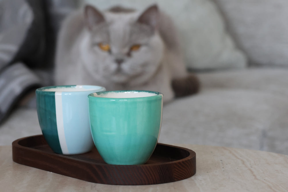 Deux tasses en céramique sur le plateau de service en frêne thermotraité 20 x 10 cm